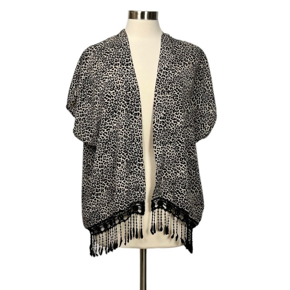 I.N. Studio Leopard Print Open Front Kimono with Fringe